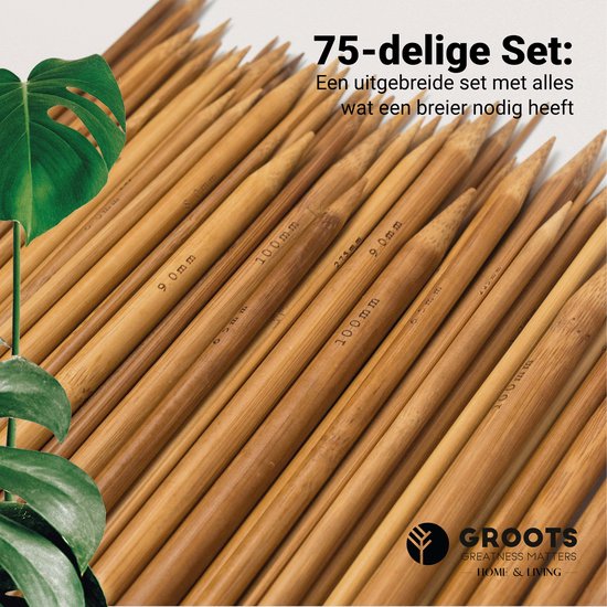 Groots Bamboe Breinaalden Set 75 stuks - 2 tot 10 mm - Breinaalden zonder knop - Inclusief Breinaalden etui - Groots