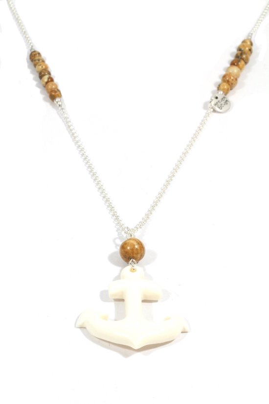 Collier Heaven Eleven pour femme plaqué argent - perles de jaspe - ancre de bois de cerf blanc