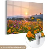 MuchoWow® Glasschilderij 150x100 cm - Schilderij acrylglas - Bloemen - Zonsondergang - Berg - Foto op glas - Schilderijen