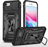 Podec Hoesje geschikt voor iPhone SE 2022 Zwart Telefoonhoesje - Anti-Shock Case Cover Hybrid Armor Hoes met Kickstand Ring met Screenprotector