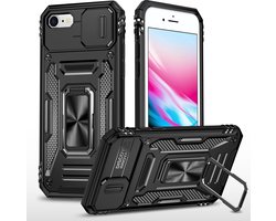 Podec Hoesje geschikt voor iPhone SE 2022 Zwart Telefoonhoesje - Anti-Shock Case Cover Hybrid Armor Hoes met Kickstand Ring met Screenprotector