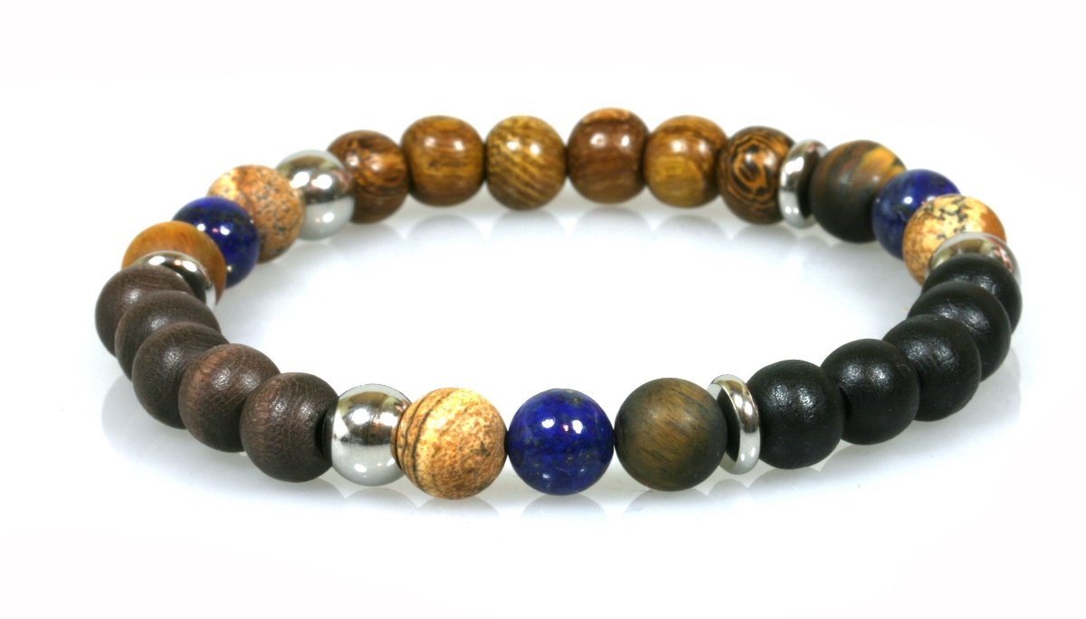 IbizaMen - heren - armband - hout bruin - zwart - robles - lapis lazuli - 21cm