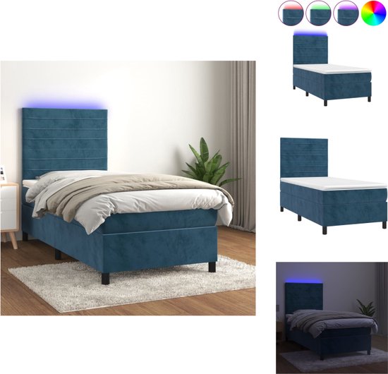 vidaXL Boxspring s Bed - 203x100x118/128 cm - Dark Blue Velvet - Pocket Spring Mattress - Comfortable Top Mattress - Colorful LED Lights - Bed