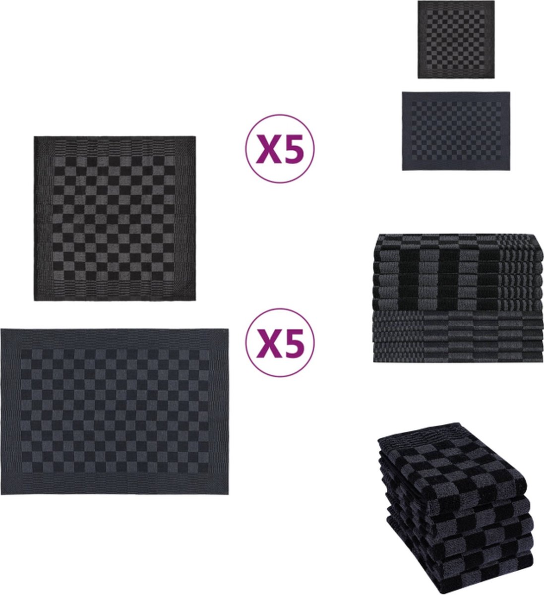 vidaXL Keukendoeken - Set van 10 - 100% katoen - Zwart/Grijs - 50 x 70 cm (L x B) - absorberend - Handdoek