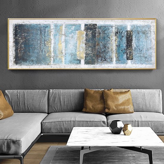Allernieuwste.nl® Canvas Schilderij Modern Abstract Blauw en Geel - Abstract Modern - slaapkamer - woonkamer - Poster - 40 x 120 cm - Kleur
