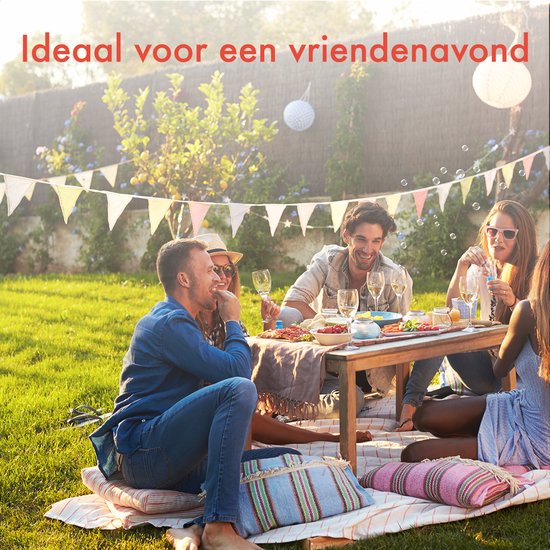 Een groep van vijf vrienden geniet van een picknick in de zon in een achtertuin, met eten, drinken en slingers.