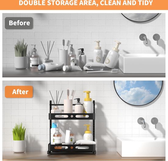 Opbergrek Voor Onder De Gootsteen - 2 Niveaus Met Uitschuiflade Multifunctioneel Zwart Badkamer Keuken Wasruimte Aanrecht Organizer