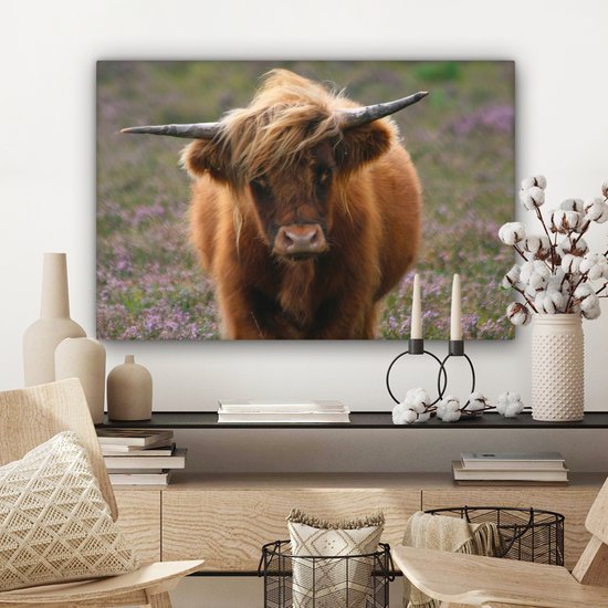 Tableau sur toile Highlander écossais - Bruyère - Animaux - 90x60 cm - Décoration murale