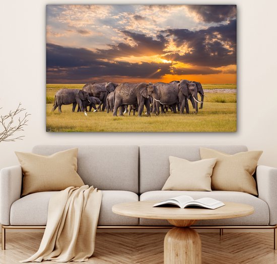 Troupeau d'éléphants au bord d'un lac toile 2cm 140x90 cm - Tirage photo sur toile peinture (Décoration murale salon / chambre) / animaux sauvages Peintures sur toile