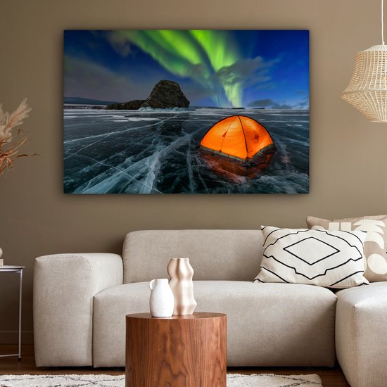 Tente sur la glace sous les aurores boréales toile 2cm 140x90 cm - Tirage photo sur toile (Décoration murale salon / chambre) / Phénomènes naturels Peintures sur toile