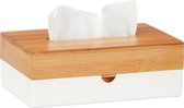 Relaxdays tissue box - kunststof - bamboe deksel - wit - rechthoekig - tissuedoos groot