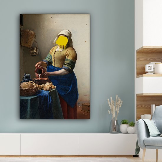 Traité du vieux maître Johannes Vermeer avec une goutte de peinture jaune 90x140 cm - Tirage photo sur toile (Décoration murale salon / chambre)