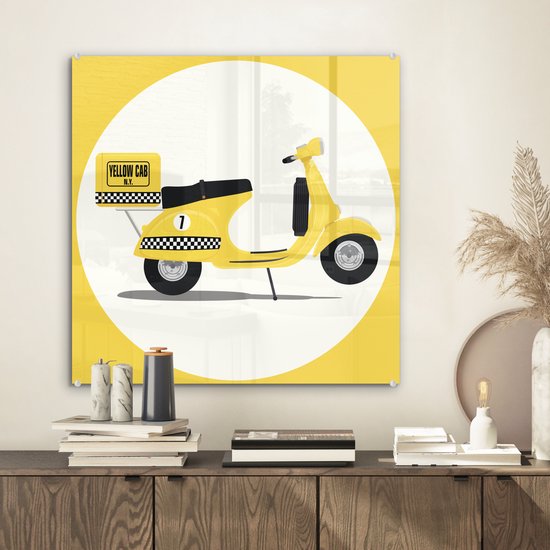 MuchoWow® Glasschilderij 50x50 cm - Schilderij acrylglas - Illustratie van een Vespa als taxi - Foto op glas - Schilderijen