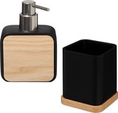 Badkamer/toilet accessoires set - tandenborstelhouder en zeeppompje - zwart - bamboe - 200 ml