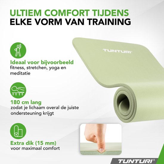 Lichtgroene Tunturi yogamat van 180cm lang en 15mm dik, ideaal voor fitness, yoga en meditatie.