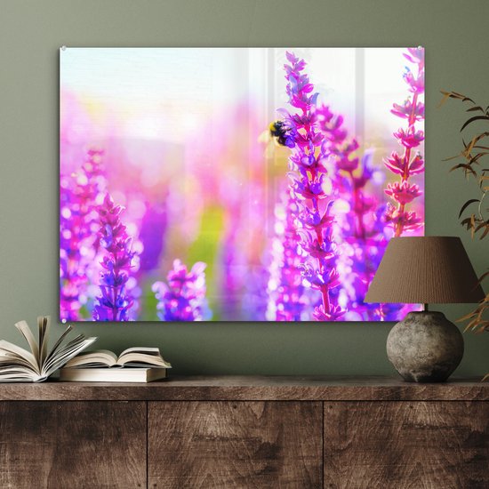 Fleurs avec Glas abeille 90x60 cm - Tirage photo sur Glas (décoration murale en plexiglas)