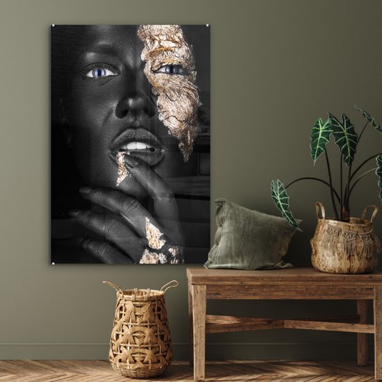 Tableau verre femme - Goud - Zwart - Portrait - Luxe - Peinture verre - Photo sur verre - 80x120 cm - Décoration murale verre - Salon - Décoration chambre - Décoration murale - Plaque de verre