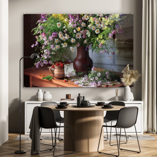 MuchoWow® Glasschilderij 180x120 cm - Schilderij acrylglas - Bloemen - Tafel - Stilleven - Boeket - Vaas - Foto op glas - Muurdecoratie woonkamer - Wanddecoratie slaapkamer - Schilderijen