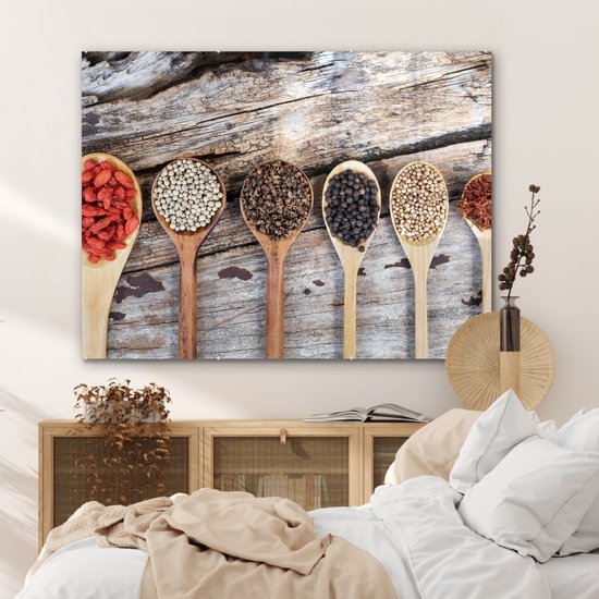 MuchoWow® Peinture sur Verre - Cuillères de grande à petite avec des épices - 120x90 cm - Peintures sur Verre Acrylique - Photo sur Glas