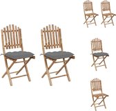 vidaXL Buitenstoelen - set van 2 - Massief bamboe - Waterbestendig - Inklapbaar - Grijs kussen - 50x42x92 cm - Tuinstoel