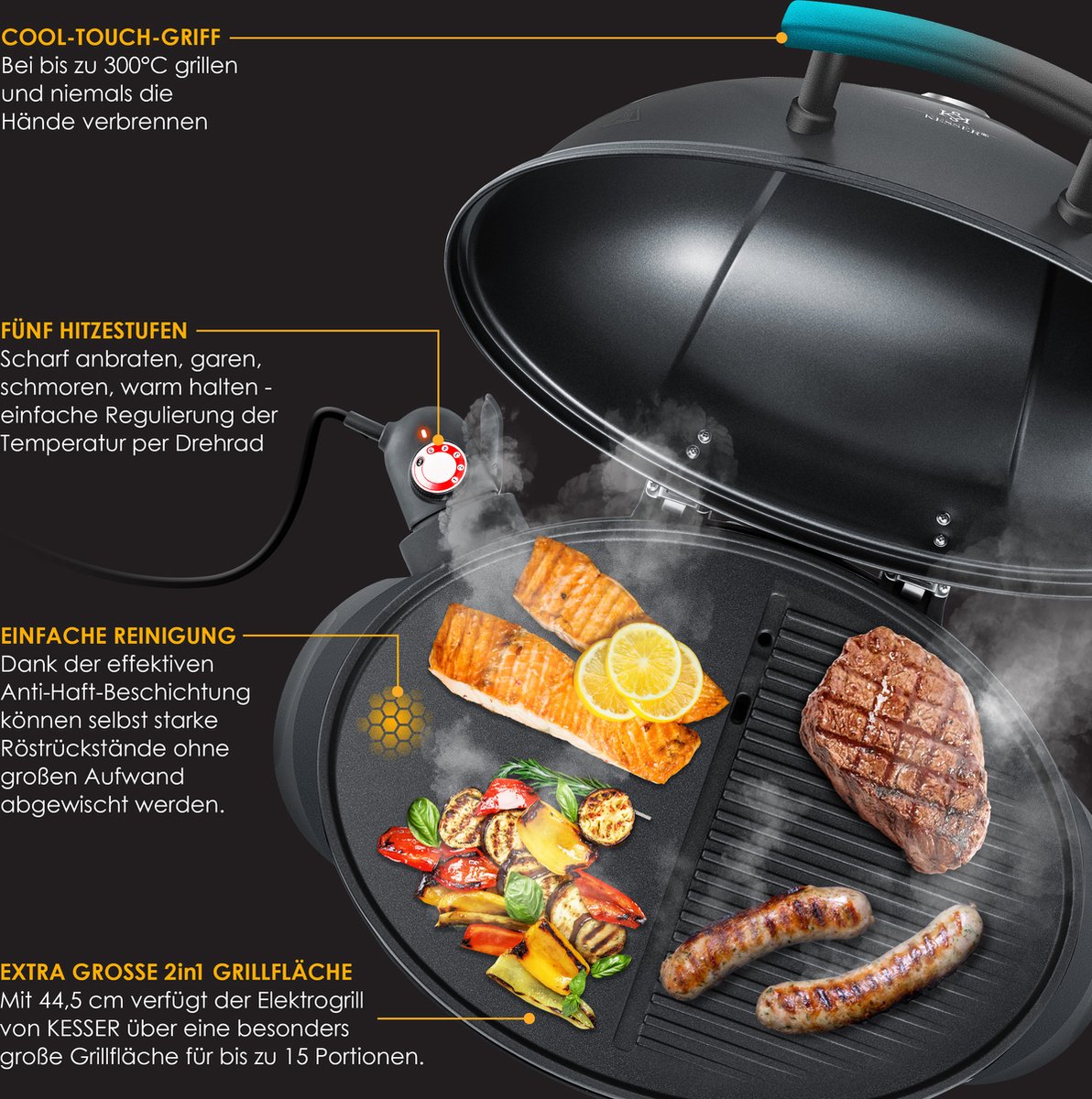 KESSER® Grill elettrico 2in1, Con Coperchio, max. 2400 watt, Termometro