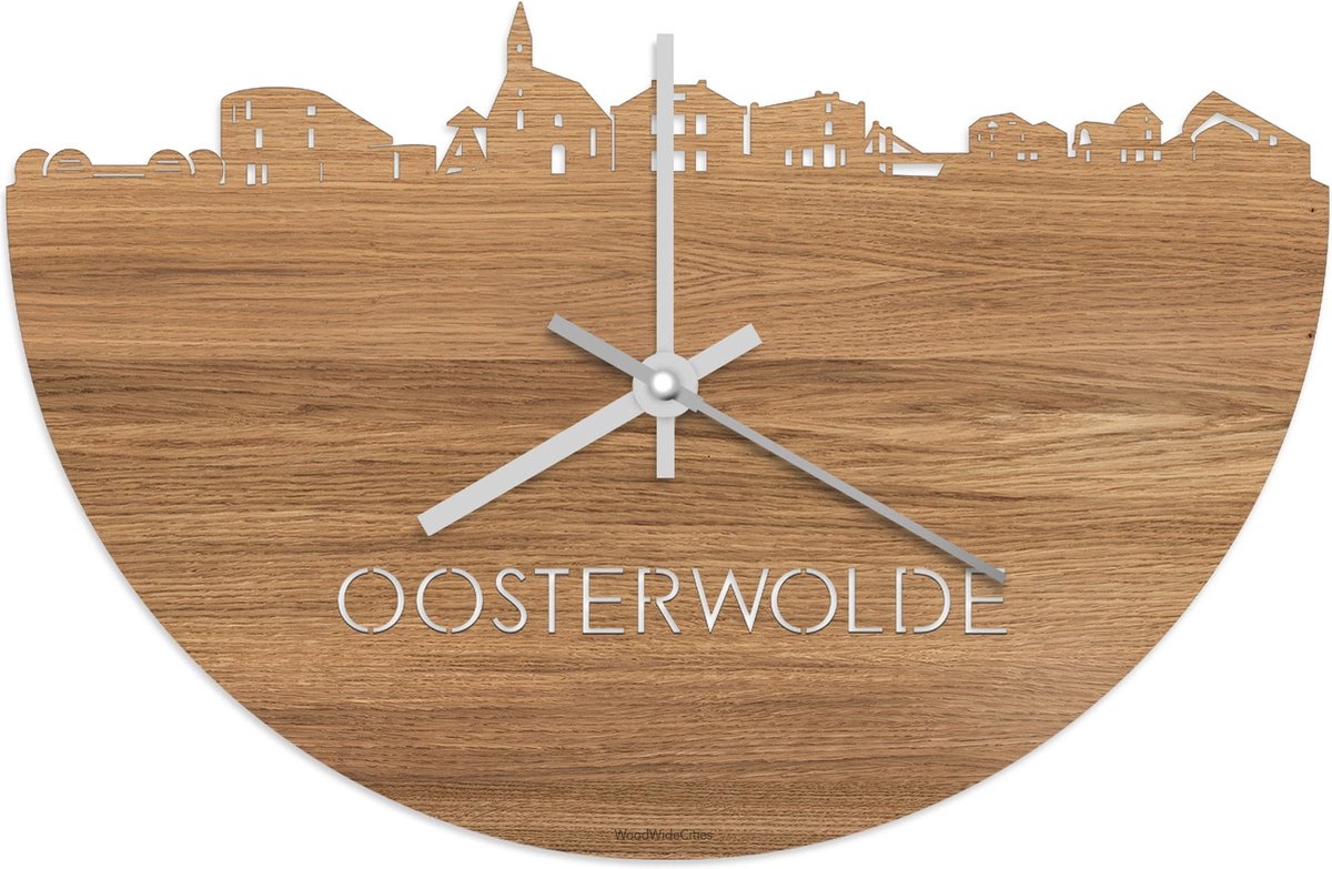 Skyline Klok Oosterwolde Eikenhout - Ø 40 cm - Stil uurwerk - Wanddecoratie - Meer steden beschikbaar - Woonkamer idee - Woondecoratie - City Art - Steden kunst - Cadeau voor hem - Cadeau voor haar - Jubileum - Trouwerij - Housewarming -