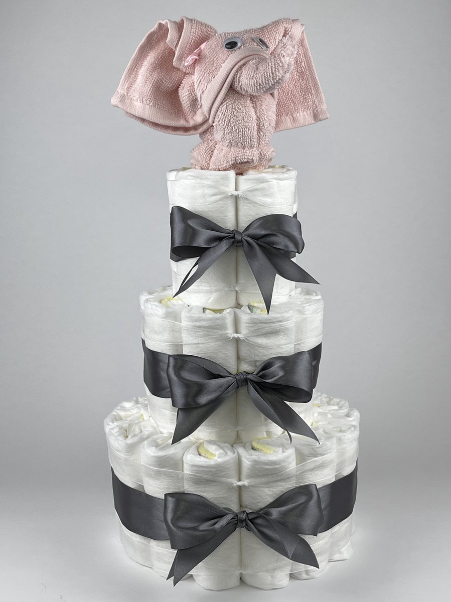 Chouette-Chouette | Luiertaart Meisje | Kraamcadeau | Geboorte Meisje | Babyshower | Olifant Blush roze - donker Grijs