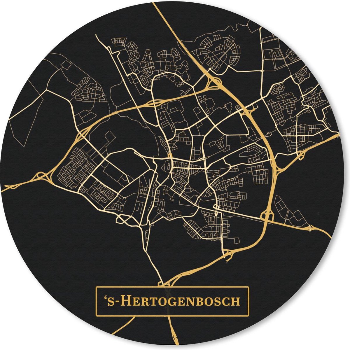 Muismat rond 40x40 cm - Mousepad Kaart - 's-Hertogenbosch - Luxe - Goud - Zwart - Ronde muismatten