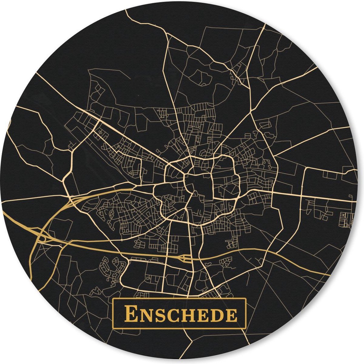 Muismat rond 40x40 cm - Mousepad Kaart - Enschede - Goud - Zwart - Ronde muismatten