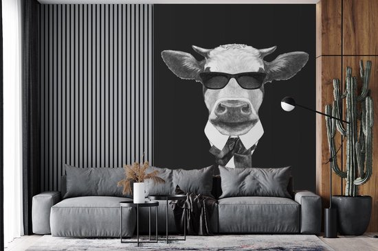 Papier peint - Papier peint photo Vache - Lunettes de soleil - Zwart - Wit - Largeur 190 cm x hauteur 260 cm