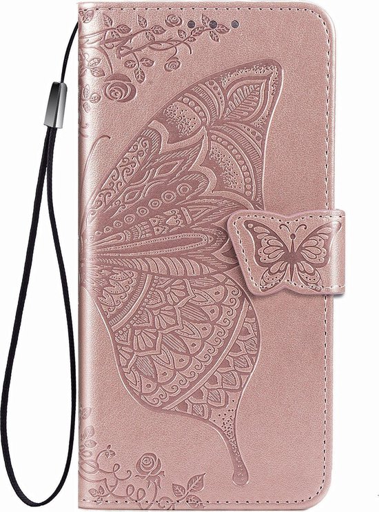 Samsung Galaxy S21 Book avec Motif - Motif Papillon - Cuir PU - Porte Carte - Samsung Galaxy S21 - Or Rose