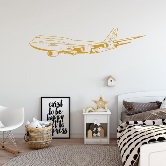 Muursticker Vliegtuig 747 - Goud - 80 x 20 cm - baby en kinderkamer - voertuig baby en kinderkamer alle