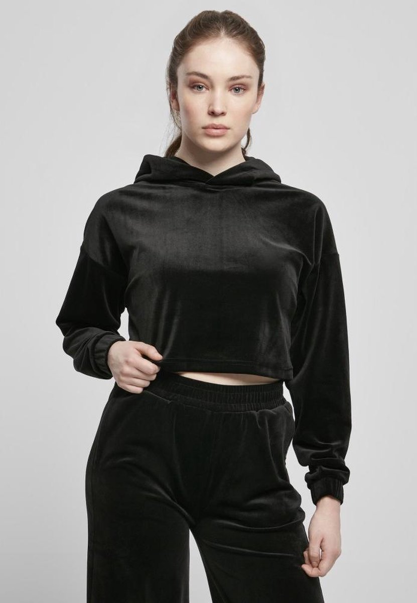 Urban Classics Velvet Oversized Crop Hoodie L Zwart