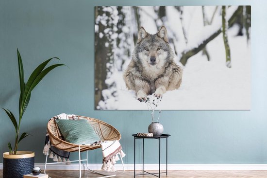 Toile Peinture Loup - Neige - Arbre - 180x120 cm - Décoration murale XXL