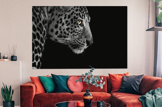 Toile Peinture Léopard - Zwart - Wit - Fourrure - 150x100 cm - Décoration murale