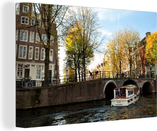 Canvas Schilderij Amsterdam - Boot - Water - 90x60 cm - Wanddecoratie