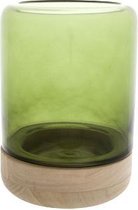Windlicht - Tafellamp - Kaarsenhouder - Lantaarn - Glas Op Houtvoet Groen - Ø15x20cm