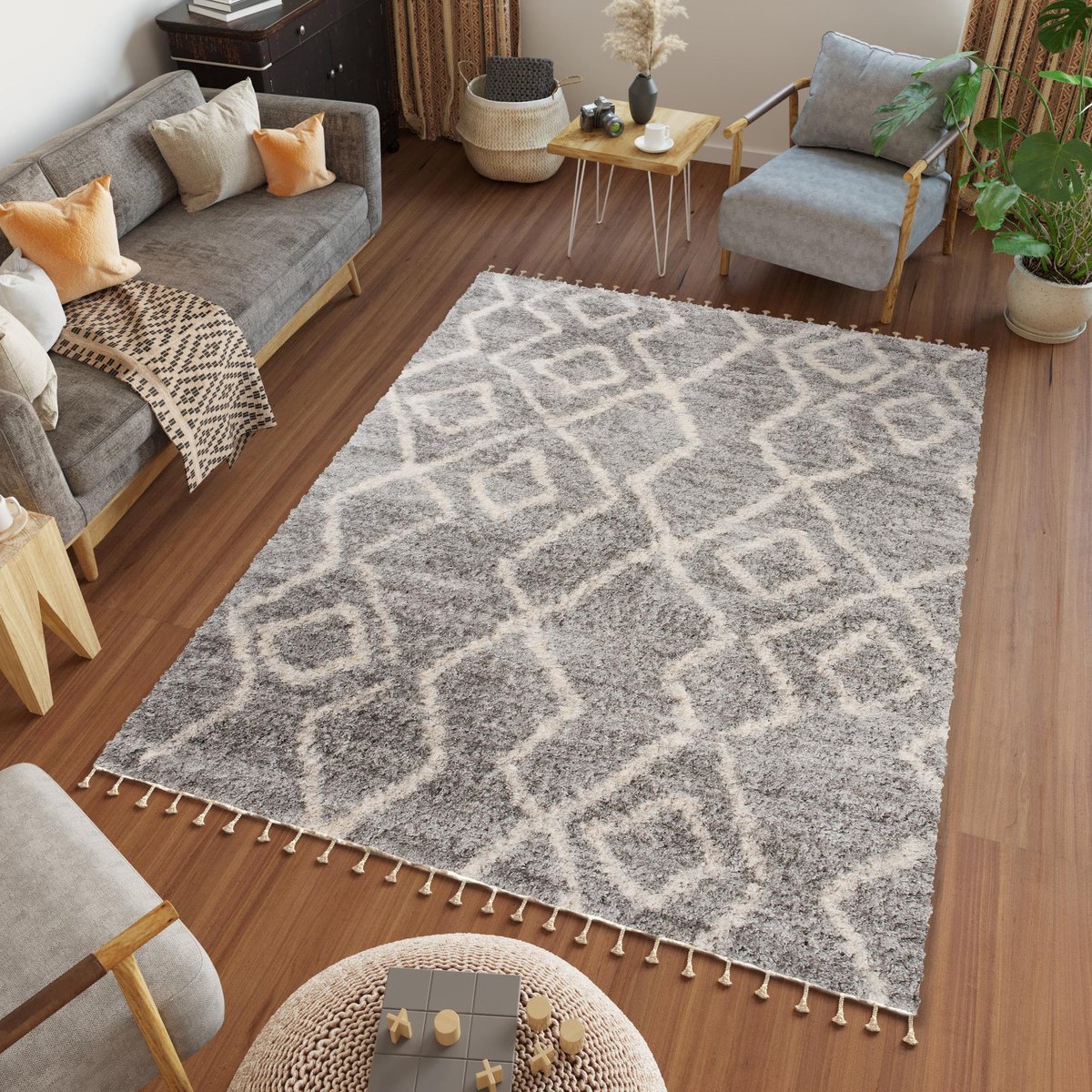 Tapiso Versay Fringes Vloerkleed Hoogpolig Tapijten Slaapkamer Maat- 120x170 Grijs Creme2