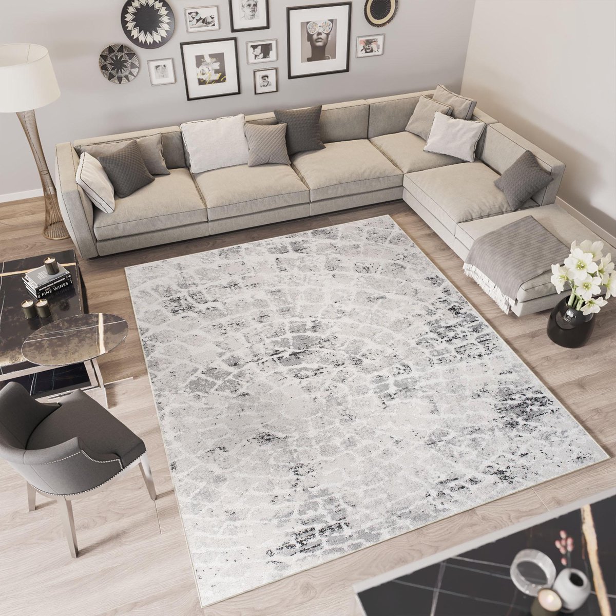 Tapiso Troya Vloerkleed Woonkamer Slaapkamer Grijs Lijnen Geometrische Vormen Design Eyecatcher Interieur Stijlvol Woonsfeer Modern Trendy Duurzaam Hoogwaardig Tapijt Maat - 160x220 Grijs3