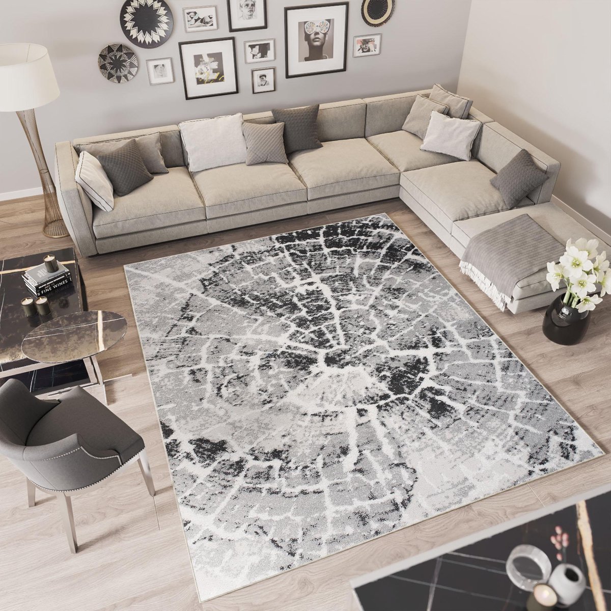Tapiso Troya Vloerkleed Woonkamer Slaapkamer Grijs Bos Hout Patroon Design Eyecatcher Interieur Stijlvol Woonsfeer Modern Trendy Duurzaam Hoogwaardig Tapijt Maat - 240x330 Grijs Beige1