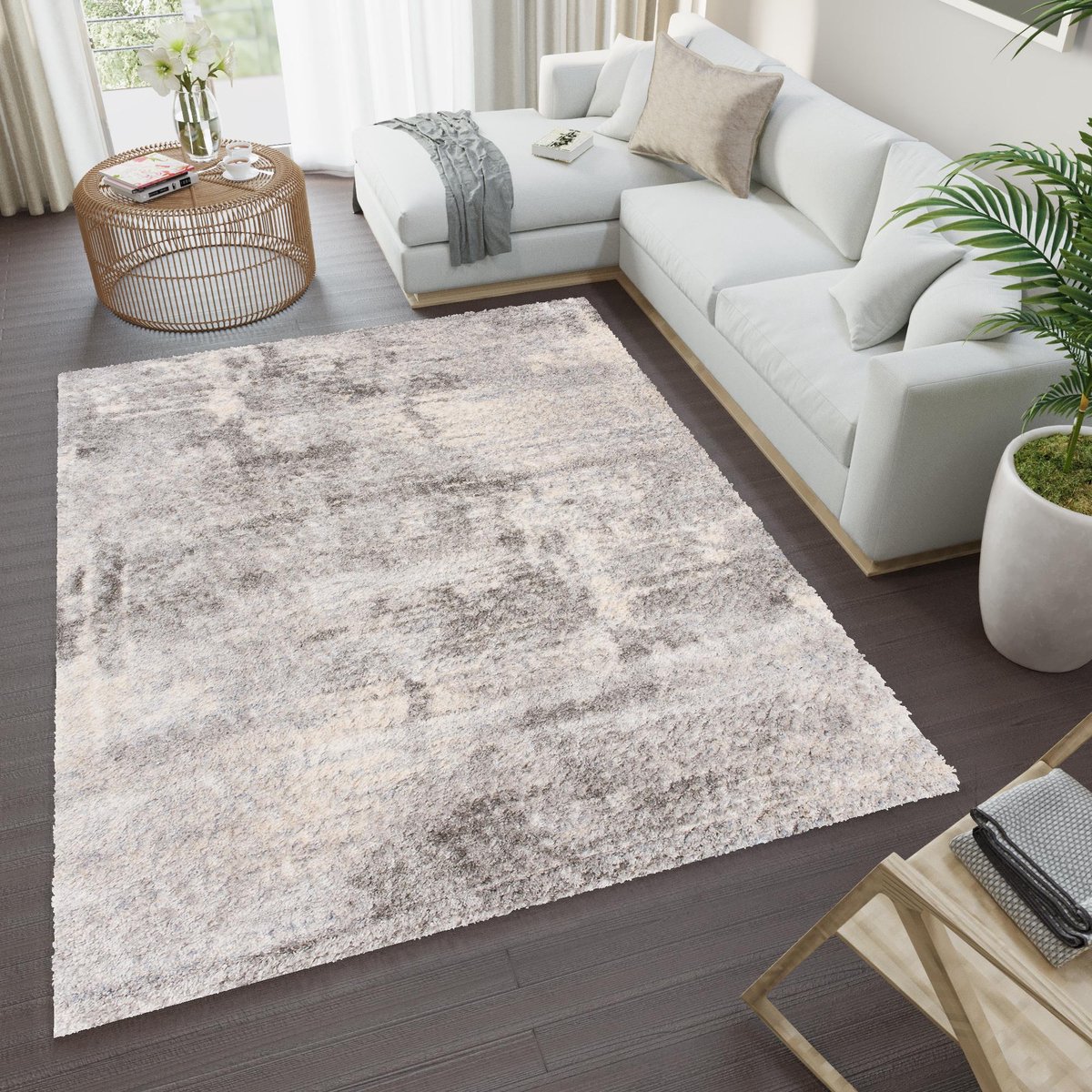 Tapiso Versay Vloerkleed Hoogpolig Woonkamer Fluffy Tapijt Lichtgrijs Creme1