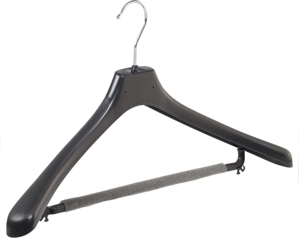 De Kledinghanger Gigant - 10 x Mantelhanger / kostuumhanger kunststof zwart met schouderverbreding en anti-slip broeklat (2 mm schuim), 50 cm