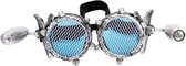 KIMU Goggles Steampunk Bril Met Gaas, Studs En Led Lampjes - Oud Zilver Montuur - Blauwe Glazen - Spacebril Space Hoge Hoed Festival