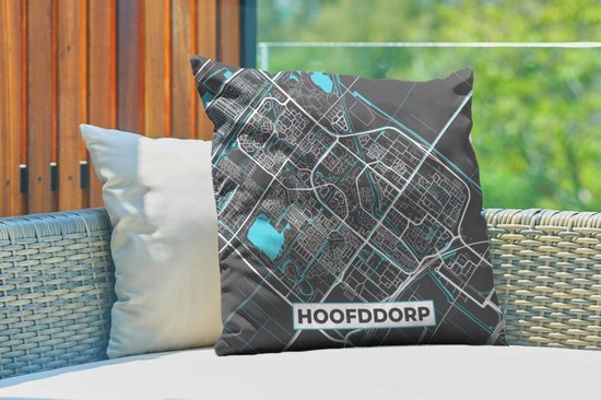 Sierkussen extérieur - Plan de la ville - Hoofddorp - Grijs - Blauw - 60x60 cm - Résistant aux intempéries