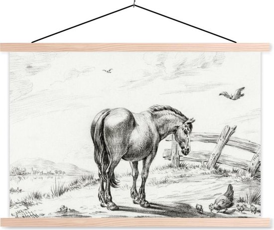 Posterhanger incl. Poster - Schoolplaat - Staand paard bij kip met kuikens - schilderij van Jean Bernard - 150x100 cm - Blanke latten
