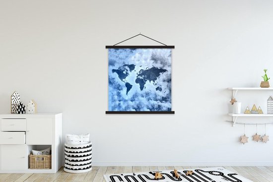 Affiche scolaire - Wereldkaart - Blauw - Peinture - 120x120 cm - Lattes noires