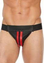 Shots - Ouch! Gestreepte Voorkant Leren Jock Strap met Rits - S/M black,red S/M