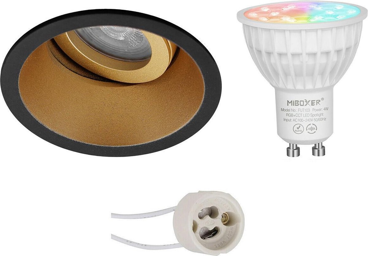 Mi-Light MiBoxer - LED Spot Set GU10 - Smart LED - Wifi LED - Slimme LED - 4W - RGB+CCT - Aanpasbare Kleur - Dimbaar - Proma Zano Pro - Inbouw Rond - Mat Zwart/Goud - Kantelbaar - Ø93mm