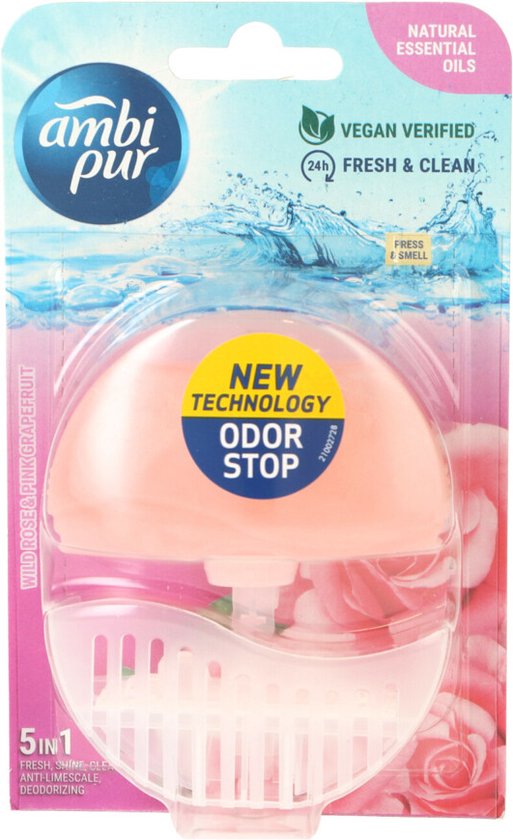Ambi Pur toiletblok met Wild Rose & Pink Grapefruit geur. Roze en wit met bloemenprint. Met "New Technology Odor Stop" en "24h Fresh & Clean".
