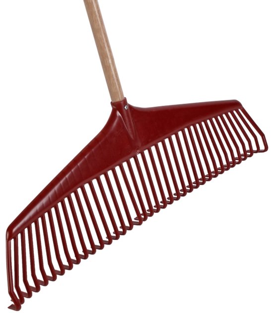 Rode kunststof hark met brede spreiding, bevestigd aan een houten steel.